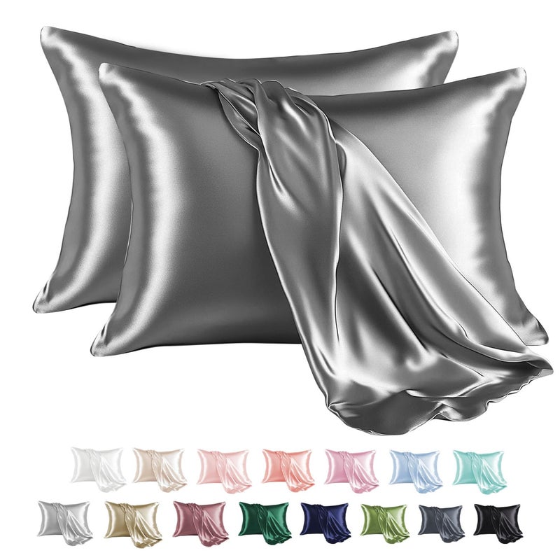 MR&HM Satin Pillowcase for Hair and Skin, Silk Satin Pillowcase 2 Pack, Standard Size Pillow Cases Set of 2, Silky Pillow Cover with Envelope Closure (20x26, Dark Grey) - Image 1